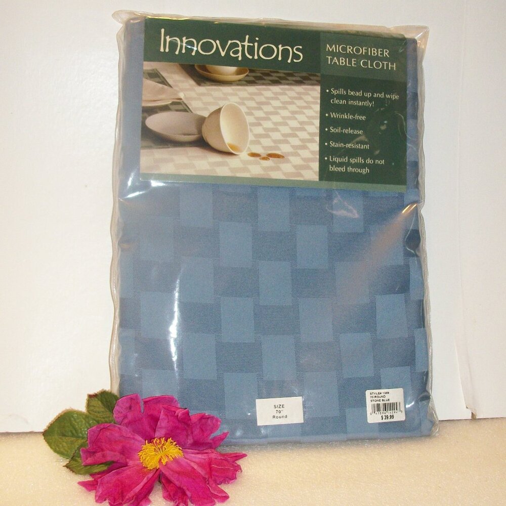 INNOVATIONS 70" Round Tablecloth NIP Stone Blue Stain Resistant Wrinkle Free
